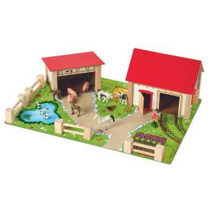 Set de joacă Eichhorn Farm cu figurine, fermă de jucărie din lemn cu animale și clădiri - Joc de construcție din lemn