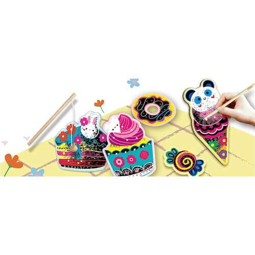 Scratch 'n' Catch Yummy Dessert 2 in 1 game by Avenir, featuring a cupcake, donut, ice cream cone, and a fishing rod