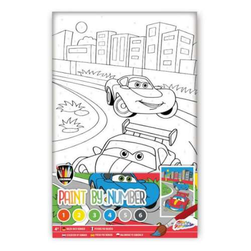 Paint by number kit for kids, featuring Cars characters, with 6 colors and a brush