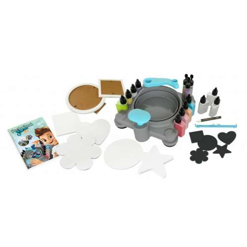 BUKI Professional Studio Spin Art kit, with spinning platform, paint bottles, and blank shapes