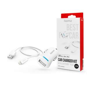 Set de încărcător auto HAMA cu mufă Lightning, alb, 12W, încărcător auto USB cu cablu Lightning, pentru iPhone, iPad, iPod - Prize auto si incarcatoare