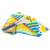 Avenir origami paper airplane, yellow, blue, and orange design