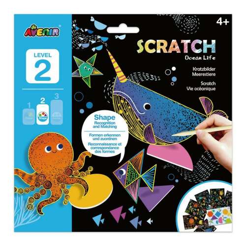 Avenir Scratch Ocean Life Level 2 scratch art activity, featuring a narwhal, octopus, and fish, with a wooden stylus