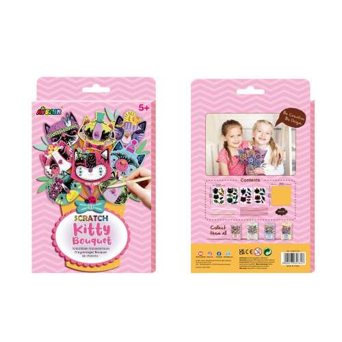 Avenir Scratch Kitty Bouquet craft kit, featuring colorful cats in a flower pot, for kids ages 5 and up