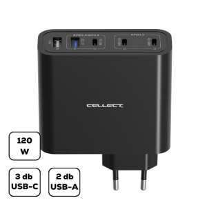 Adaptor de încărcare rapidă Cellect 120W cu 3 porturi USB-C și 2 porturi USB-A - Adaptoare de rețea
