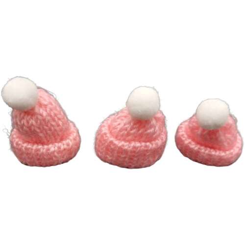 Rózsaszín kötött mini sapkák fehér pompommal, 4 db-os csomag