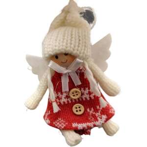 Kötött angyal dísz, 12cm, piros ruha, fehér sapka, karácsonyi dekoráció - Nonbrand Karácsonyi dekoráció