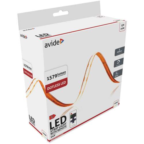 Avide LED szalag, 5 méter, 24V, meleg fehér, IP20, pontmentes, távirányítóval
