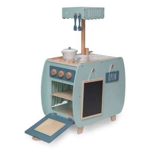 Label Label zöld fa játék konyha bisztró, sütővel, főzőlappal, mosogatóval és kiegészítőkkel