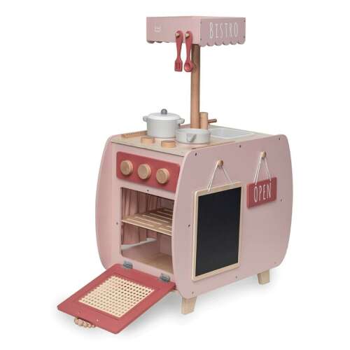 Label Label rózsaszín bisztró játék konyha, fa játék konyha gyerekeknek, szerepjáték konyha, gyerek konyha készlet, játék konyha sütővel, főzőlappal, mosogatóval és kiegészítőkkel