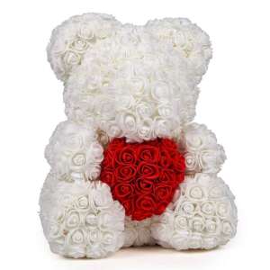 Fehér rózsa maci piros szívvel, örök rózsa maci, ajándék Valentin-napra - Ajándék ötlet Valentin-napra