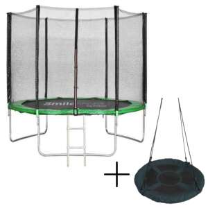 SmileSPORT by Pepita külső hálós Trambulin létrával 244cm #zöld + SmileSPORT by Pepita acélvázas Fészekhinta 100cm #ciánkék