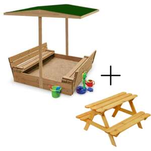 Skandi impregnált fa Homokozó paddal és fedéllel + árnyékoló tető + Skandi impregnált fa kerti Gyerekpad és asztal