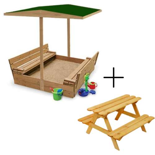 Spatiu de joaca pentru nisip cu cadru de lemn (banca + acoperis) Skandi + Banca cu masa de lemn pentru copii Skandi 33107796