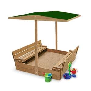 Impregnowane drewno Skandi Piaskownica z ławką, pokrywą, zacienionym dachem + Dywanik SmileSPORT by Pepita 100cm #ciánkék