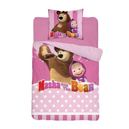 Masha és a medve gyerek ágynemű szett, rózsaszín fehér pöttyökkel, 140x200 cm