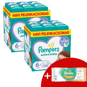 Pampers Active Baby 2 месечен пакет пелени 13-18 кг Junior 6 (256 бр.) + подарък кърпички 145220546 - Чанта за преповиване и Пелена