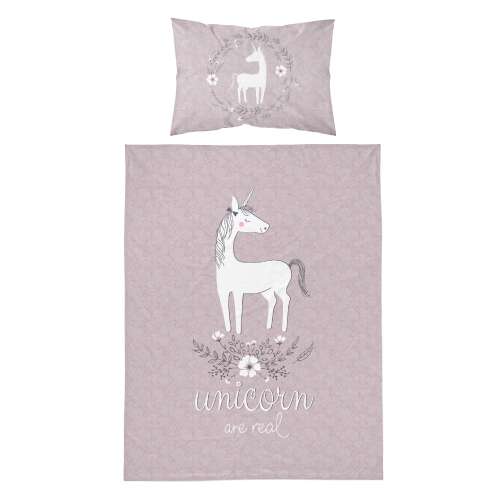 Idylla #3037A Unicorn Baby Bedding Set, 90x120cm, rózsaszín fehér egyszarvúval és virágmintával
