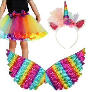 Girl wearing rainbow unicorn costume with tutu skirt, wings, and headband - Costume for Kid