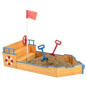 Timeless Tools wooden pirate ship sandbox with red flag, steering wheel, and life preserver - Timeless Tools