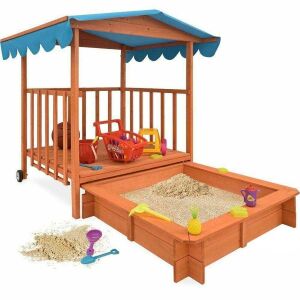 Timeless Tools wooden playhouse with sandbox and blue canopy, full view - Sandbox