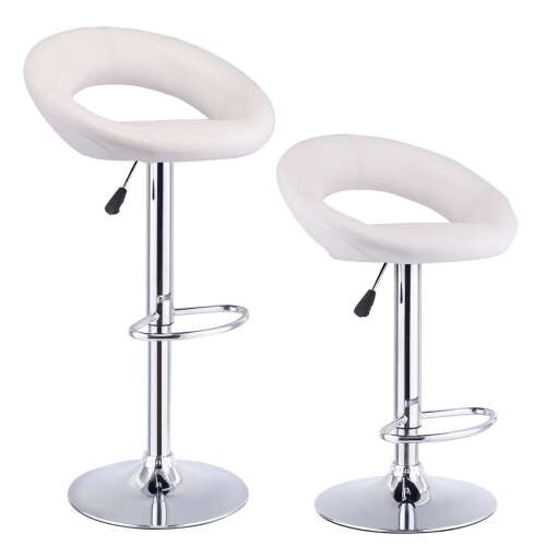 Sada 2 bielych nastaviteľných barových stoličiek s chrómovým podstavcom a opierkou na nohy