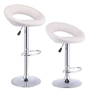 Set of 2 white adjustable bar stools with chrome base and footrest - Kitchen Furniture