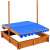 Timeless Tools wooden sandbox with blue canopy, showing the canopy open and closed
