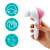 Timeless Tools 5 in 1 facial cleansing device, pink and white, with 5 different attachments, showing the device in use on a woman's hand