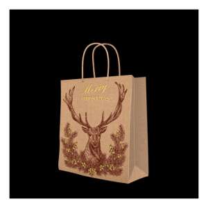 Vintage karácsonyi szarvas papír ajándéktáska, közepes méret, 20x25x10cm - Művészet & Hobbi