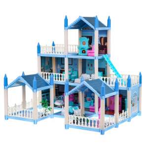 Blue 3-story dollhouse with furniture, Beautiful Home brand, 6 rooms, for kids - Baba and Dollhouse