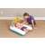 Bestway inflatable baby changing mat with rainbow arch and hanging toys, used by a mother on the floor