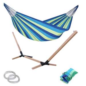 Martom Siesta kétszemélyes Függőágy + ajándék tárolózsák #zöld-kék + Estante Prémium univerzális fa Függőágy váz #rózsafa