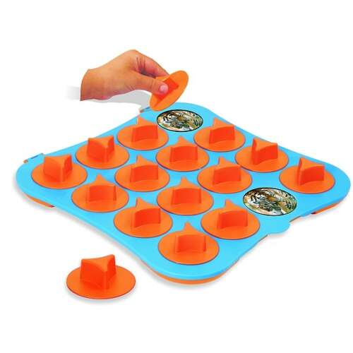 Miniland Educational Pair Game memory game for kids, featuring a blue and orange game board with 12 hidden pictures
