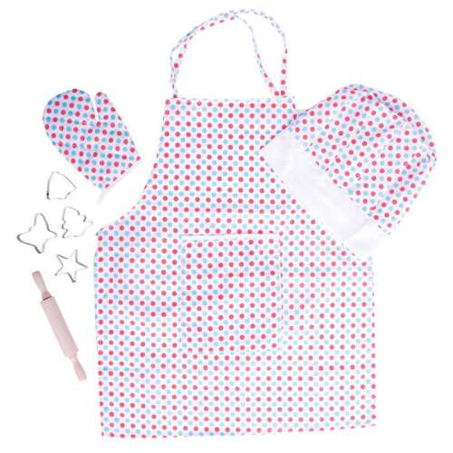 Pöttyös séf szett, 3 év+ kids chef apron, hat and gloves set for pretend play, red and blue polka dot pattern