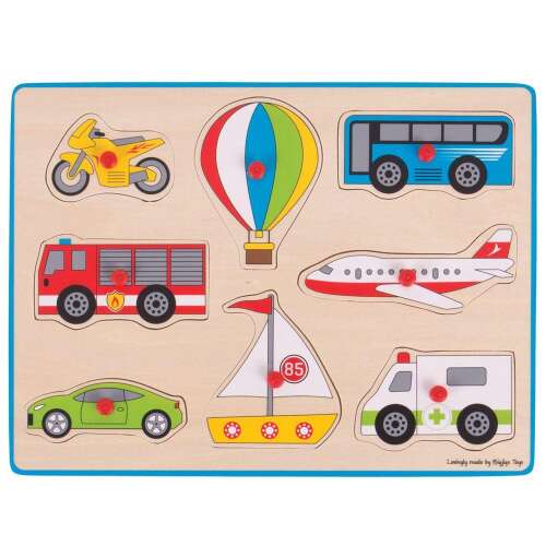 BigJigs Toys Járművek Fa Puzzle, 9 darabos puzzle 3-7 éves gyerekeknek, motorral, léggömbbel, busszal, tűzoltóautóval, repülővel, vitorlással, autóval és mentőautóval - Bigjigs