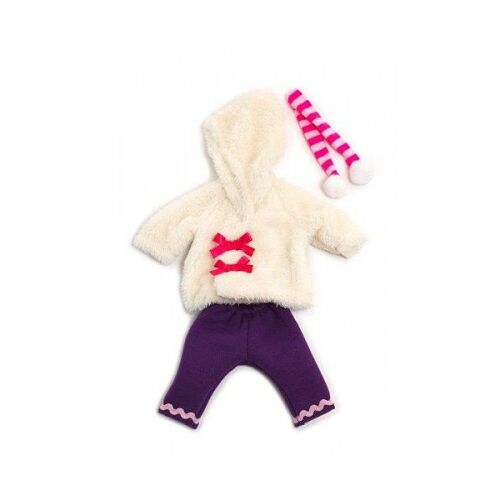 Miniland babaruha hideg időre, fehér kapucnis pulóver, lila nadrág, rózsaszín sál