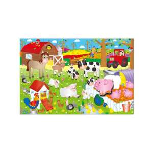 Galt Farm Giant Floor Puzzle, 30 pieces, showing the completed puzzle with farm animals, a barn, a tractor, and a farmer - Galt