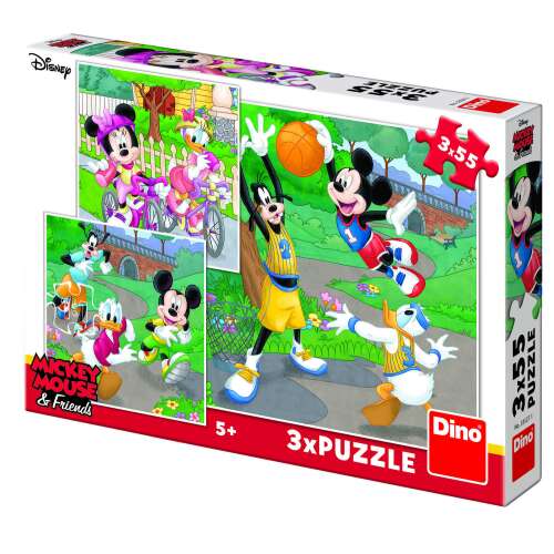 Disney Mickey Mouse i przyjaciele 3 w 1 puzzle, 55 elementów, z Mickeyem, Minnie, Goofy i Donaldem grającymi w koszykówkę