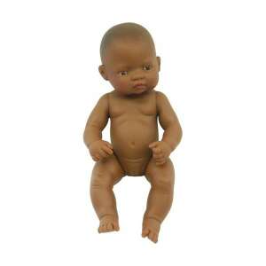 Miniland Latin-American Baby Doll Girl 32 cm, brown skin, sitting, on white background - Miniland