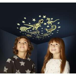 Glow in the dark dinosaur and star stickers on a ceiling, kids looking up at them - Phosphorescent wall decoration