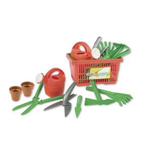 Green & Garden kids garden tools set with watering can, rake, shovel, trowel, scissors, and pots in a basket - Garden Tools for Kid