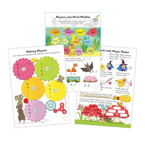Galt Spelling Book with reward stickers - Collage of pages showing activities for learning English spelling