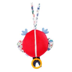 Fehn Merry Owl musical plush toy for babies, red owl with blue wings and a yellow ring, back view - Stroller & Crib Toy