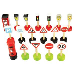Bigjigs Wooden Road Sign Set, 18 pieces, includes traffic signs, street lights, and a telephone box and post box - Bigjigs