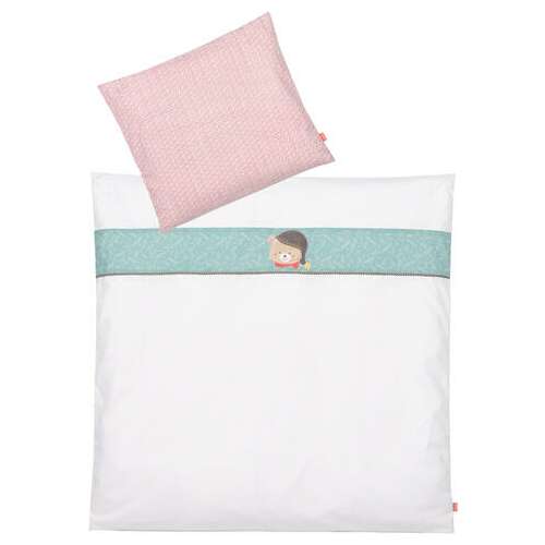 Fehn Bruno Baby-Bettwäsche-Set, rosa und grüner Bettbezug und Kissenbezug