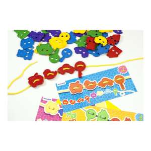 Miniland Shapes Stringing game, colorful plastic shapes to string on a cord, includes 8 activity cards, great for developing fine motor skills and color recognition - Miniland
