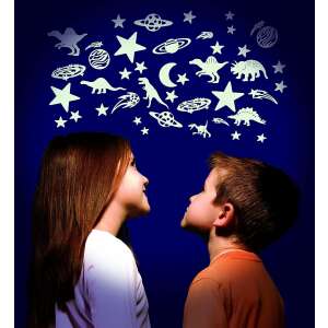 Cosmic Glow Glow Moon & Stars glow-in-the-dark stickers on a wall, creating a magical night sky - Phosphorescent wall decoration