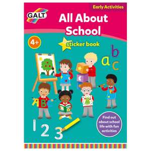 Galt All About School sticker book for kids ages 4 and up, featuring colorful illustrations of children learning - Galt