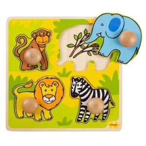 BigJigs Toys Safari Puzzle, a wooden puzzle with 4 pieces featuring a monkey, elephant, zebra, and lion, perfect for toddlers - Baby Puzzle